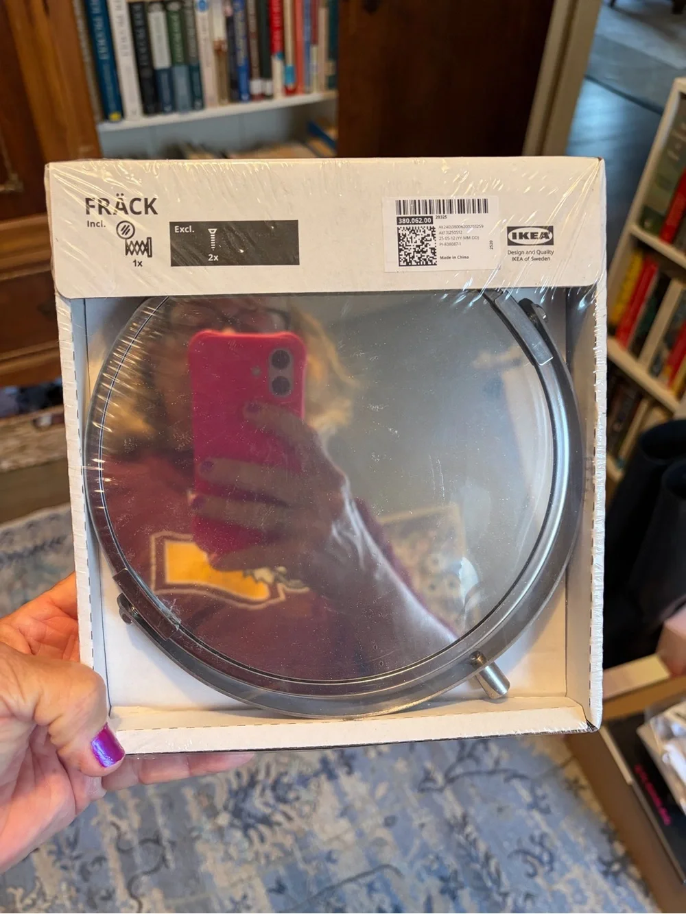 IKEA round mirror in white and silver packaging